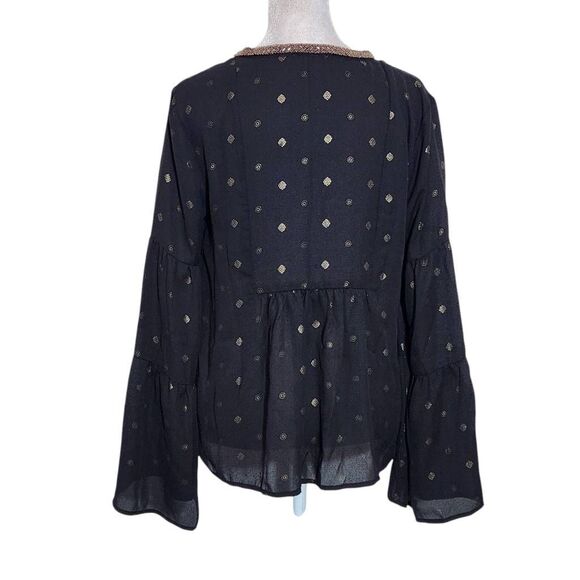 Altar'd State Black and Gold Full Sleeve Boho Blouse Size XS Black Sheer Blouse - Picture 2 of 11
